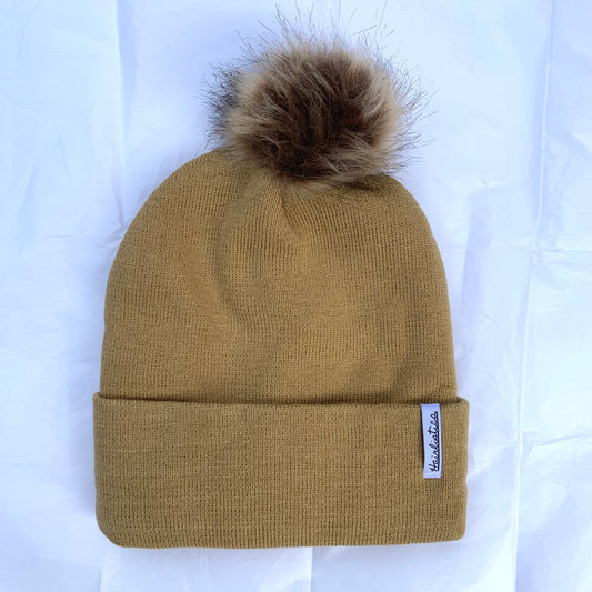 Satin lined beanie - Beige with Pompom