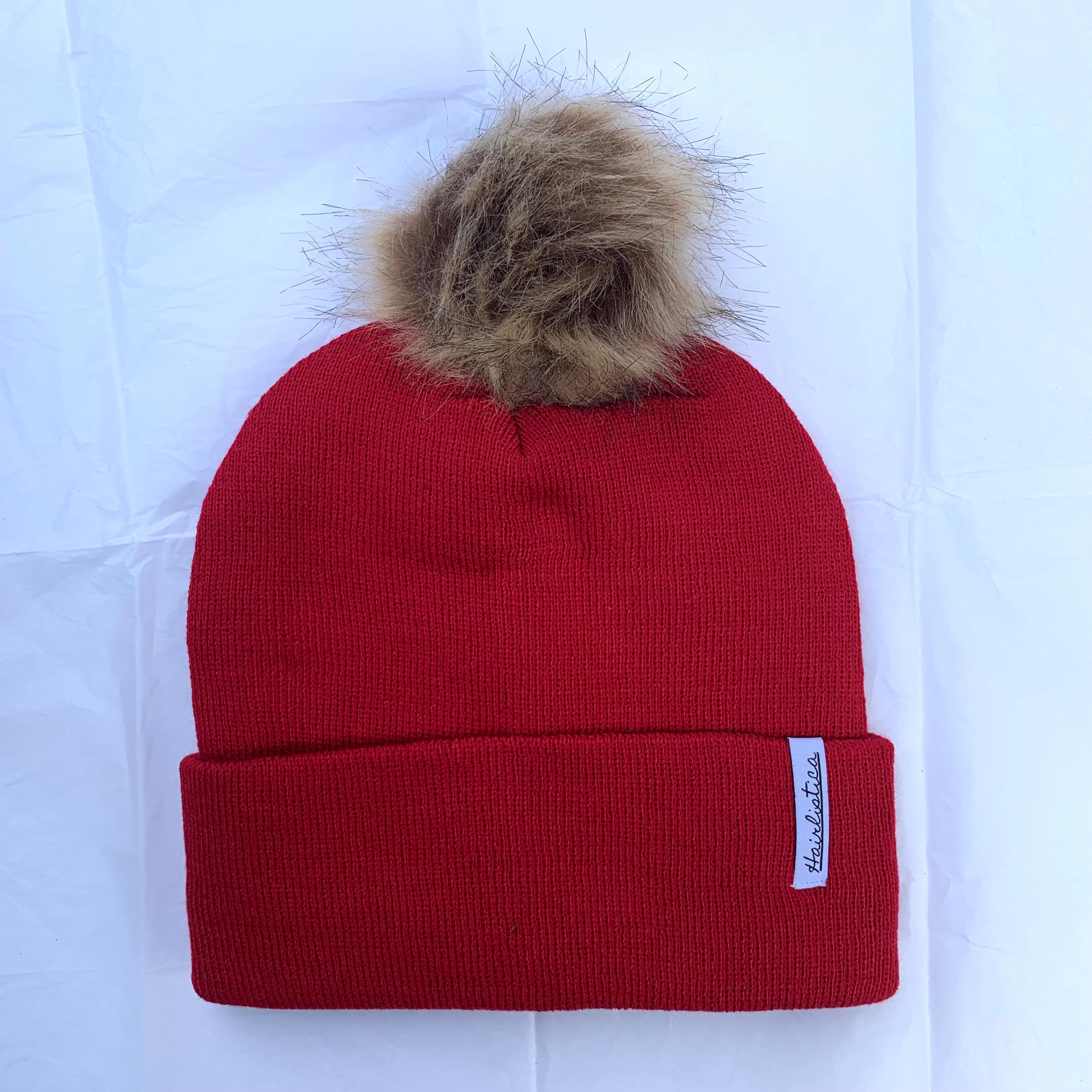 Satin lined beanie - Red with Pompom