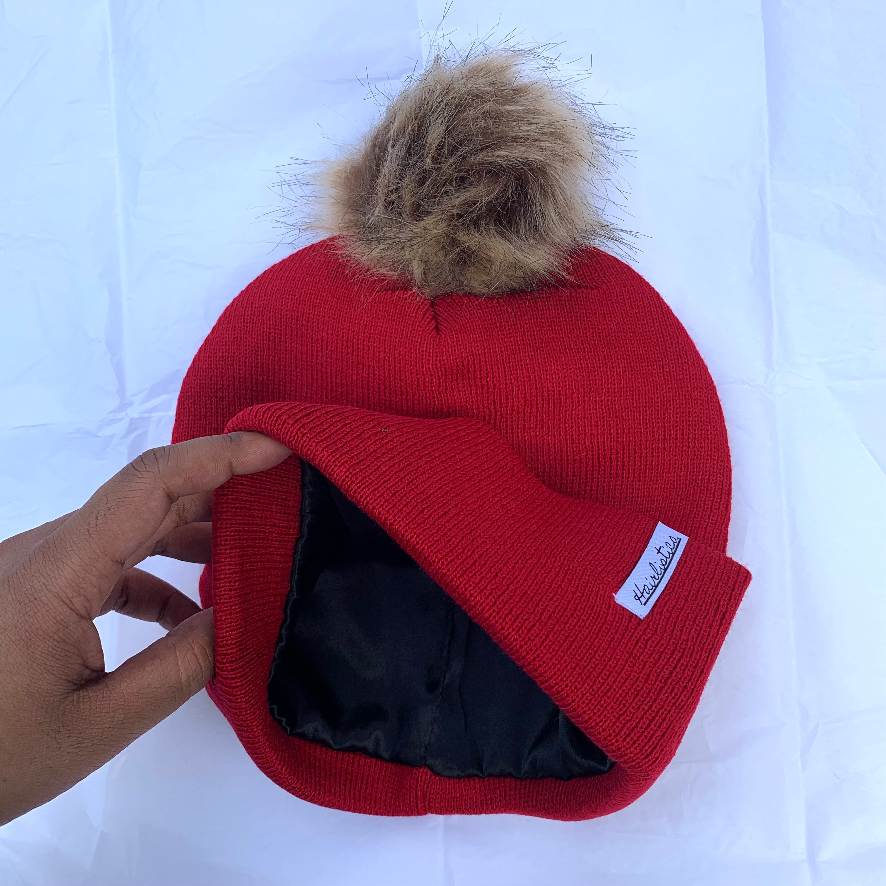 Satin lined beanie - Red with Pompom