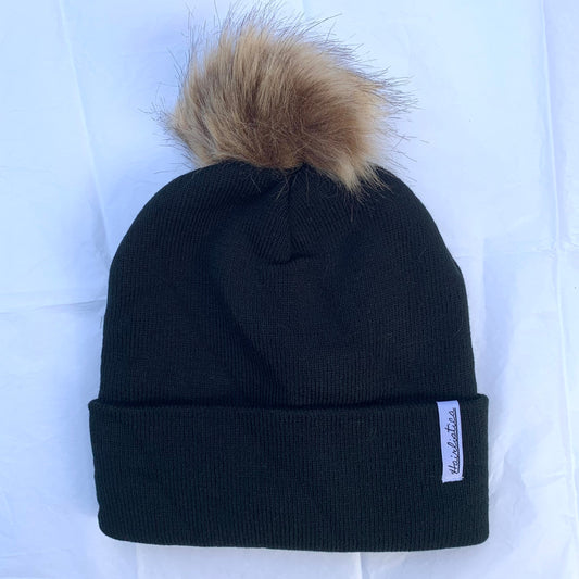 Satin lined beanie - Black with Pompom