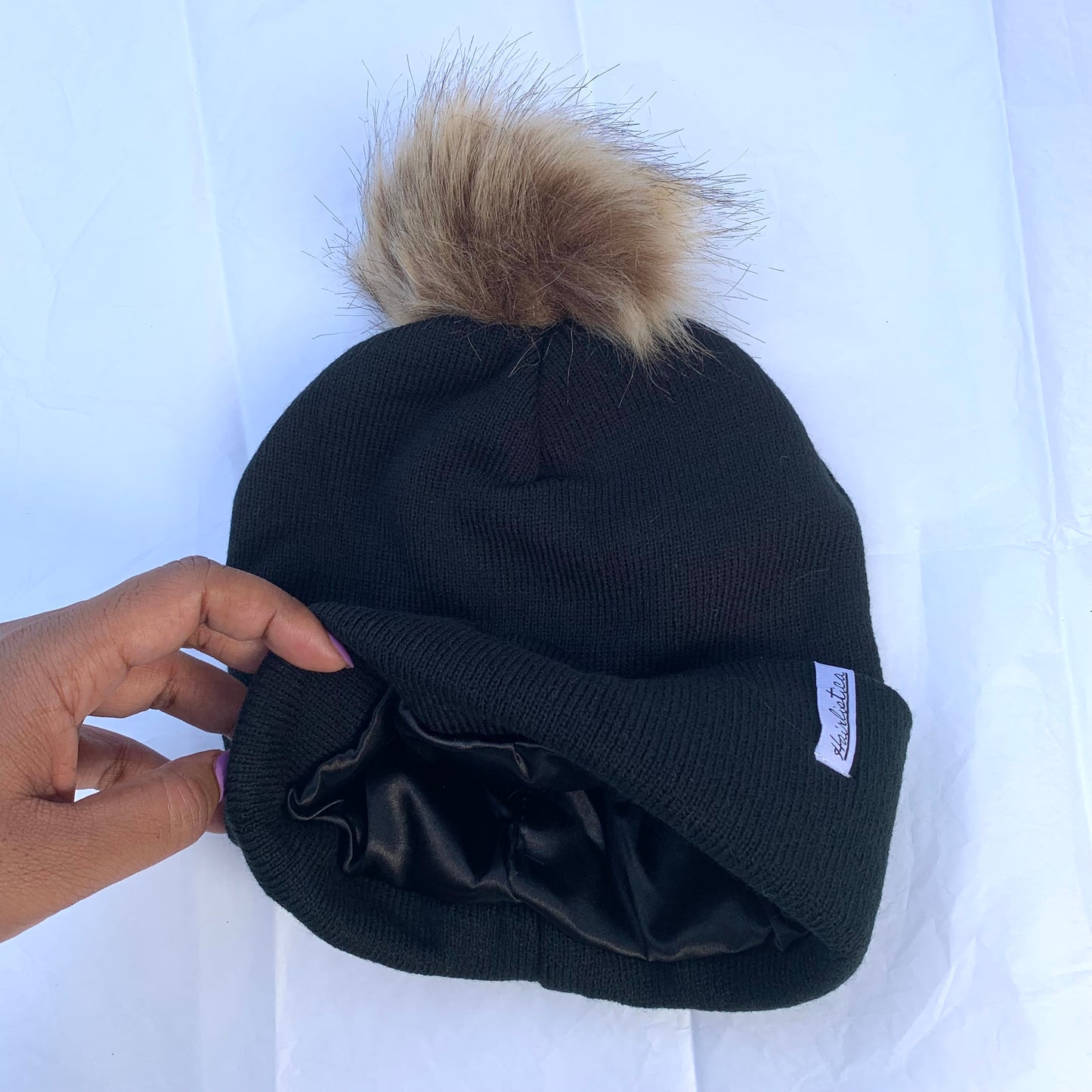 Satin lined beanie - Black with Pompom